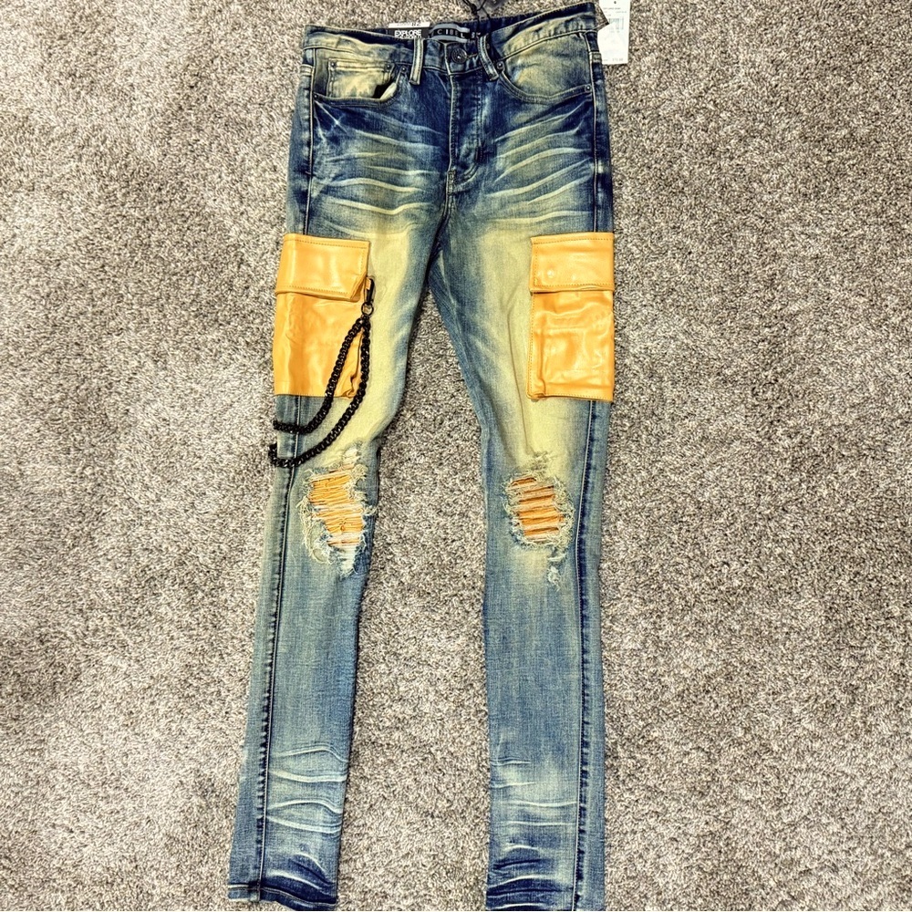 Decibel Cody Cargo Grunge Blue Distressed Straight Leg Punk Jeans Chains  28 NWT